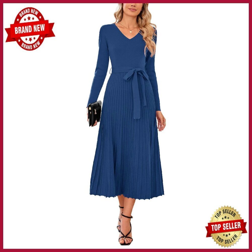 Wool Blend Tie Waist Pleated Sweater Dress Long Sleeve V-Neck